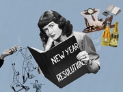 Vintage-style editorial collage showing a woman reading a New Year Resolutions book surrounded by illustrations of exercise, smoking, wine bottles, and a procrastinating office worker.