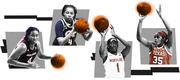 Editorial collage illustration of four women's college basketball players from South Carolina, Georgia Tech, Maryland, and Texas with stylized orange basketballs.