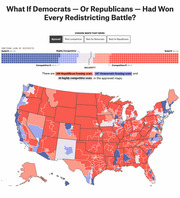 US map showing partisan lean of congressional districts under approved redistricting maps, with 208 Republican-leaning, 187 Democratic-leaning, and 40 highly competitive seats.