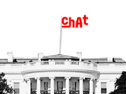Editorial illustration of the White House in black and white with a red flag reading 'ChAt' flying from the rooftop flagpole.