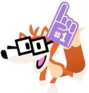 Cartoon fox mascot wearing thick-rimmed glasses and holding a purple number-one foam finger