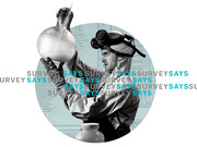 Editorial collage illustration of a person in a hazmat suit holding a flask, overlaid with repeating 'SURVEY SAYS' text in teal and gray.