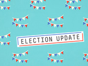 Decorative teal illustration with red, white, and blue bunting garlands and a central label reading Election Update.