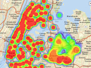 Heat map of the New York City metro area showing geographic density clusters with red and orange hotspots concentrated in Manhattan, the Bronx, and parts of Queens.