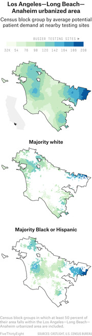 Three choropleth maps of the Los Angeles-Long Beach-Anaheim urbanized area showing census block group average potential patient demand at nearby COVID testing sites, broken down by majority white and majority Black or Hispanic areas.