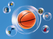 Illustrated basketball inside a large bubble surrounded by smaller bubbles containing NBA team logos including Pacers, Mavericks, Jazz, Nuggets, Thunder, and Heat.