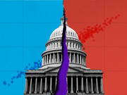 Editorial illustration of the US Capitol building split between blue and red backgrounds with a purple tear down the middle, symbolizing political division.