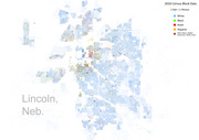 Dot density map of Lincoln, Nebraska showing racial distribution by census block from 2010 Census data, with each dot representing one person colored by race.