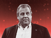 Stylized editorial portrait of a man in a dark blazer with an American flag pin against a red background with stars.
