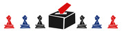 Editorial illustration showing a ballot box with a red voting slip flanked by red, blue, and black origami-style chess pawn figures representing political parties.
