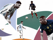 Editorial collage illustration featuring four soccer players from Argentina and France in World Cup kits against colorful geometric shapes.