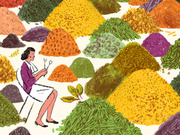 Editorial illustration of a woman seated with fork and knife surrounded by colorful mounds of various foods or spices in a market setting.