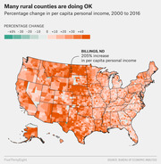 Choropleth map of the US showing percentage change in per capita personal income by county from 2000 to 2016, with most counties showing increases and Billings, ND highlighted at 205%.