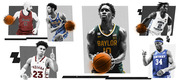Editorial collage of six college basketball players in their uniforms from Gaels, UCLA, Indiana, Baylor, North Carolina, and Kentucky.