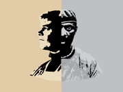 Editorial illustration showing two stylized halves of different faces merged together against a split tan and gray background.