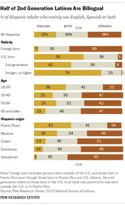 Horizontal stacked bar chart showing the percentage of Hispanic adults who mainly use English, Spanish, or both, broken down by nativity, age, and Hispanic origin.