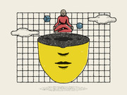 Editorial illustration of a yellow face with open top and a meditating figure seated on it, surrounded by clouds, a cube, and a sphere on a grid background.