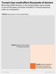 Nested square area chart showing 8,243 doctors trained in Trump's travel ban countries out of 164,111 foreign-trained doctors and 778,781 total US doctors.