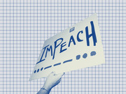 A blue-tinted editorial illustration of a hand holding an Impeach protest sign against a grid paper background.