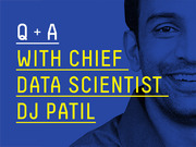 Blue-toned editorial graphic with bold yellow and white text reading Q+A With Chief Data Scientist DJ Patil, overlaid on a duotone portrait.