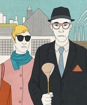 Editorial illustration parodying American Gothic with two stylized figures — a blonde person in sunglasses and a suited man holding a golf club — set against an industrial cityscape.