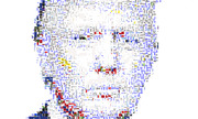 A mosaic portrait of a person's face composed of tiny text fragments, words, and small images arranged to form the likeness.