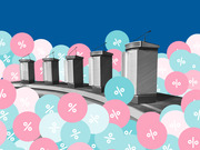 Editorial illustration showing empty debate podiums surrounded by pink and teal bubbles with percent signs, suggesting polling or statistics in a debate context.