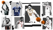 Editorial collage of college basketball players from teams including Creighton, Tennessee Vols, Gonzaga Zags, Alabama, and others in a stylized black-and-white graphic.