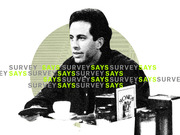 Editorial illustration showing a black-and-white photo collage of a man at a diner table overlaid with repeating green and gray text reading SURVEY SAYS.