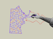 Editorial illustration of a hand drawing a gerrymandered district map outline in red and blue, with red and blue triangle shapes filling the interior.