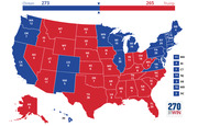 US Electoral College map showing Clinton with 273 electoral votes versus Trump with 265, with states colored blue for Clinton and red for Trump and electoral vote counts labeled.