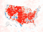 Choropleth map of the United States showing county-level data with red and blue shading, likely representing Republican vs Democratic voting margins or shifts.