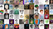 A collage of dozens of fan-made artistic interpretations of the Twitch Kappa emote face in various styles including paintings, sketches, sculptures, and digital art.