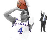 Stylized editorial illustration of a Kansas Jayhawks basketball player number 4 shooting a Wilson basketball, with a coach gesturing in the background.