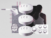 Editorial collage illustration featuring abortion pills, a pregnancy test, a blister pack of Mifepristone and Misoprostol tablets, and a silhouette of a woman.