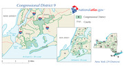Map of New York Congressional District 9 showing its boundaries in the New York City area including Kings and Queens counties, with an inset of all 29 New York districts.