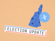 Editorial illustration showing a blue star-patterned silhouette of New Hampshire with a percentage symbol badge and an Election Update label.