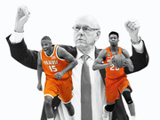 Editorial illustration showing Syracuse basketball coach and two players in orange uniforms numbered 15 and 25, rendered in black and white with orange accents.