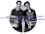 Editorial illustration of two young men holding stacks of textbooks overlaid with repeating Survey Says text in blue and gray, used as decorative article art.