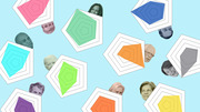 Editorial illustration showing faces of 2020 Democratic presidential candidates peeking out from behind colorful concentric pentagon shapes on a light blue background.