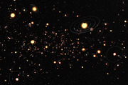 Artistic illustration of a star field showing numerous solar systems with stars and orbiting planets against a black space background.