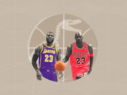 Editorial illustration showing LeBron James in a Lakers jersey and Michael Jordan in a Bulls jersey side by side inside a basketball circle with a dinosaur skeleton in the background.
