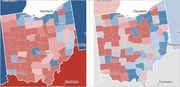 Side-by-side choropleth maps of Ohio counties showing political lean, with counties shaded in red and blue tones, labeled with major cities.