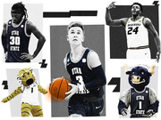 Editorial collage of basketball players and mascots featuring Utah State and Mizzou players alongside their team mascots in black-and-white and color.