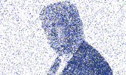 A mosaic portrait of a person composed of thousands of tiny blue and multicolored squares and fragments on a white background.