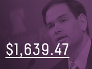 Purple-tinted editorial graphic showing a man's face overlaid with the large dollar figure $1,639.47, likely representing a financial data point about a political figure.