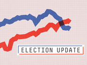 Decorative editorial illustration for FiveThirtyEight's Election Update series showing stylized red and blue converging trend lines on a grid background.