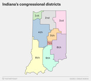 Color-coded map of Indiana's nine congressional districts labeled 1st through 9th, sourced from the Census Bureau.