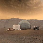 NASA concept art showing two astronauts in orange suits working near a dome habitat and rover on the surface of Mars with an orange sky.