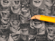 Editorial collage of black-and-white mouth/smile photos overlaid with statistical numbers, confidence intervals, and a broken yellow pencil.